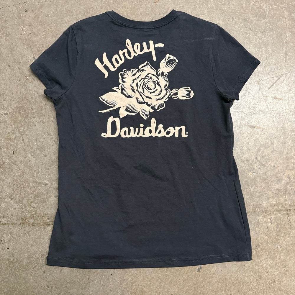 Harley-Davidson Womens Black Rose Graphic T-Shirt Short Sleeve Logo Tee Medium